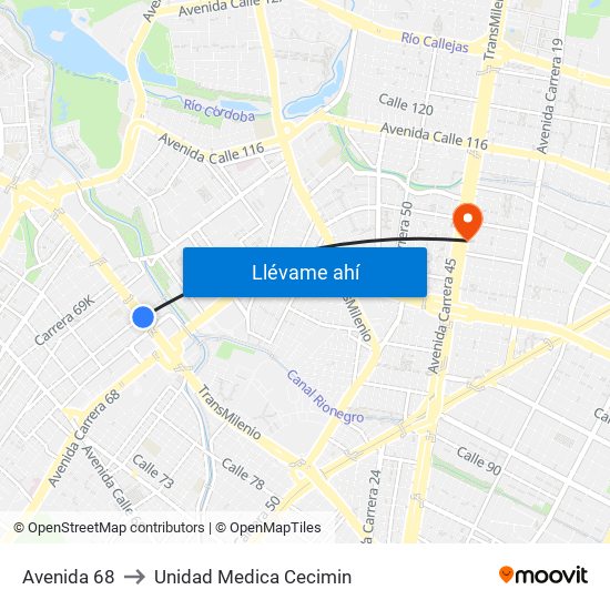 Avenida 68 to Unidad Medica Cecimin map