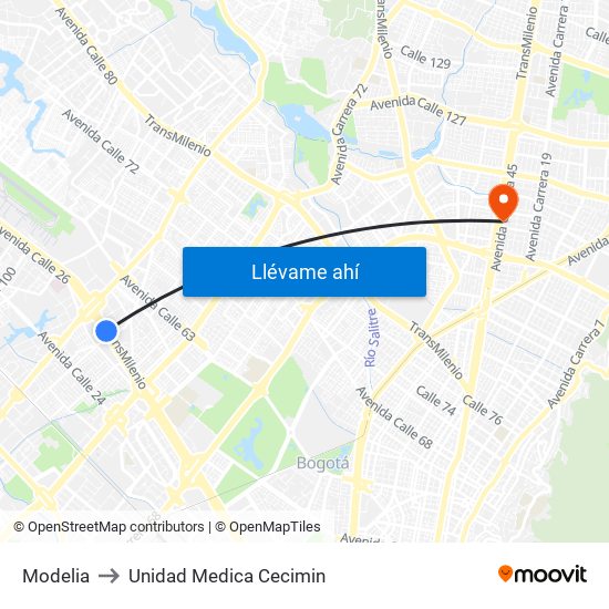 Modelia to Unidad Medica Cecimin map