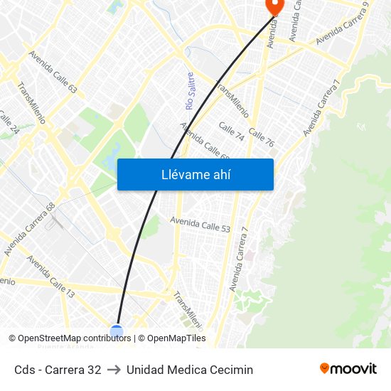 Cds - Carrera 32 to Unidad Medica Cecimin map