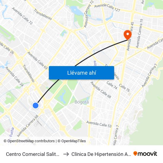 Centro Comercial Salitre Plaza (Av. La Esperanza - Kr 68b) to Clínica De Hipertensión Arterial Y Cuidados Coronarios - Chacc map