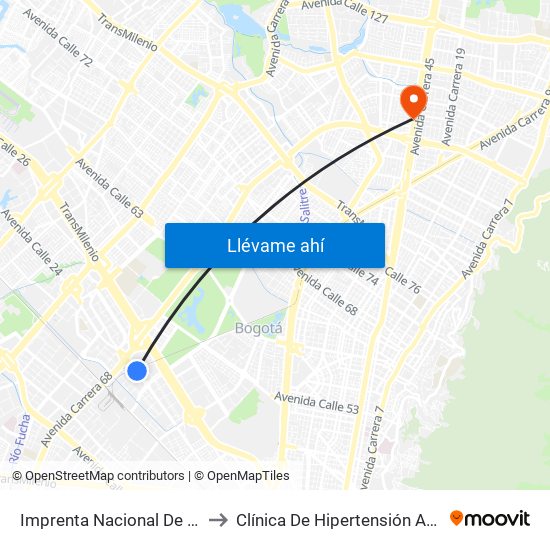 Imprenta Nacional De Colombia (Av. Esperanza - Kr 66) to Clínica De Hipertensión Arterial Y Cuidados Coronarios - Chacc map