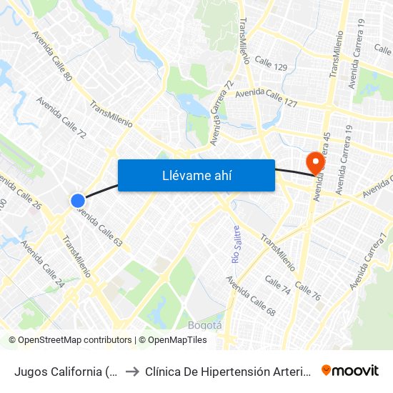 Jugos California (Av. C. De Cali - Ac 63) to Clínica De Hipertensión Arterial Y Cuidados Coronarios - Chacc map