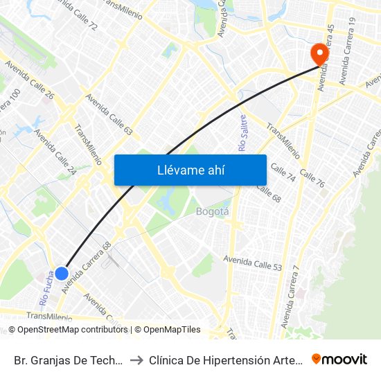 Br. Granjas De Techo (Av. Centenario - Kr 65) to Clínica De Hipertensión Arterial Y Cuidados Coronarios - Chacc map