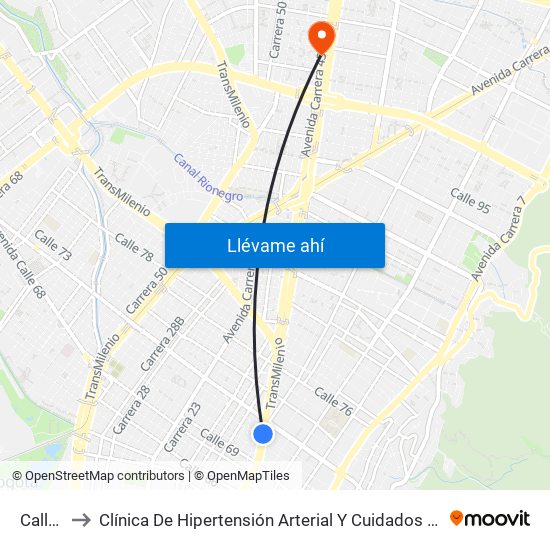 Calle 72 to Clínica De Hipertensión Arterial Y Cuidados Coronarios - Chacc map