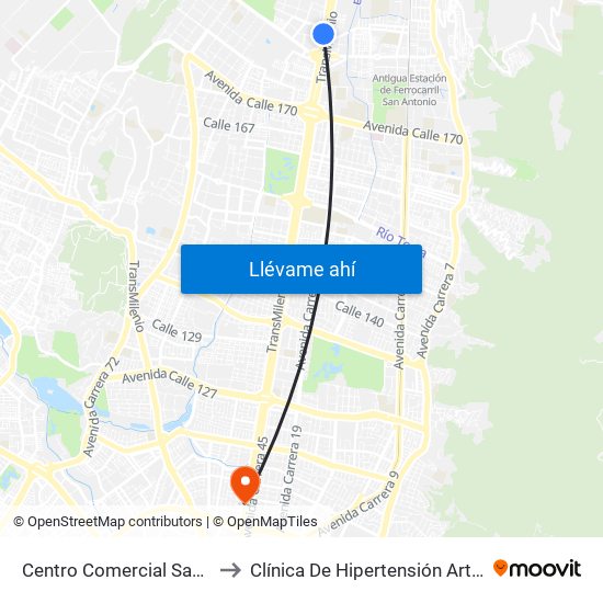 Centro Comercial Santafé (Auto Norte - Cl 187) (B) to Clínica De Hipertensión Arterial Y Cuidados Coronarios - Chacc map