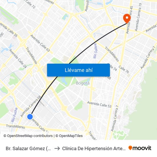 Br. Salazar Gómez (Av. Centenario - Kr 65) (A) to Clínica De Hipertensión Arterial Y Cuidados Coronarios - Chacc map