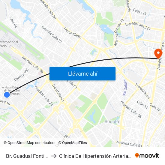 Br. Guadual Fontibón (Cl 17 - Kr 96h) to Clínica De Hipertensión Arterial Y Cuidados Coronarios - Chacc map