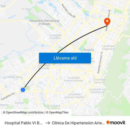 Hospital Pablo VI Bosa (Cl 63 Sur - Kr 77g) (A) to Clínica De Hipertensión Arterial Y Cuidados Coronarios - Chacc map