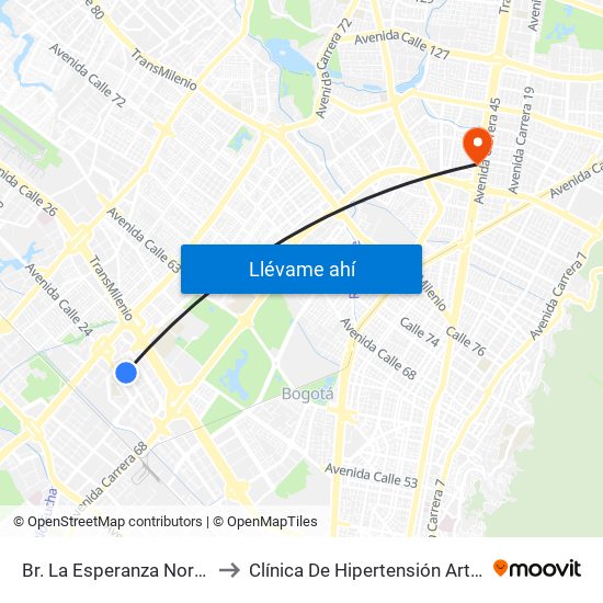 Br. La Esperanza Norte (Av. La Esperanza - Kr 69d) to Clínica De Hipertensión Arterial Y Cuidados Coronarios - Chacc map