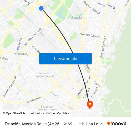 Estación Avenida Rojas (Ac 26 - Kr 69d Bis) (B) to Upa Lourdes map