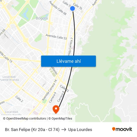 Br. San Felipe (Kr 20a - Cl 74) to Upa Lourdes map