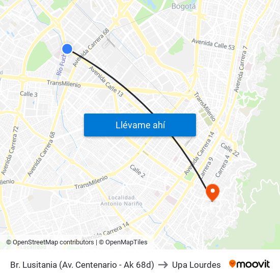 Br. Lusitania (Av. Centenario - Ak 68d) to Upa Lourdes map