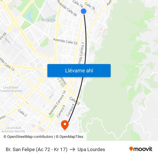 Br. San Felipe (Ac 72 - Kr 17) to Upa Lourdes map