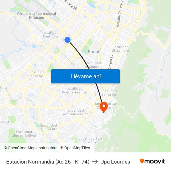 Estación Normandía (Ac 26 - Kr 74) to Upa Lourdes map