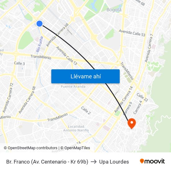 Br. Franco (Av. Centenario - Kr 69b) to Upa Lourdes map