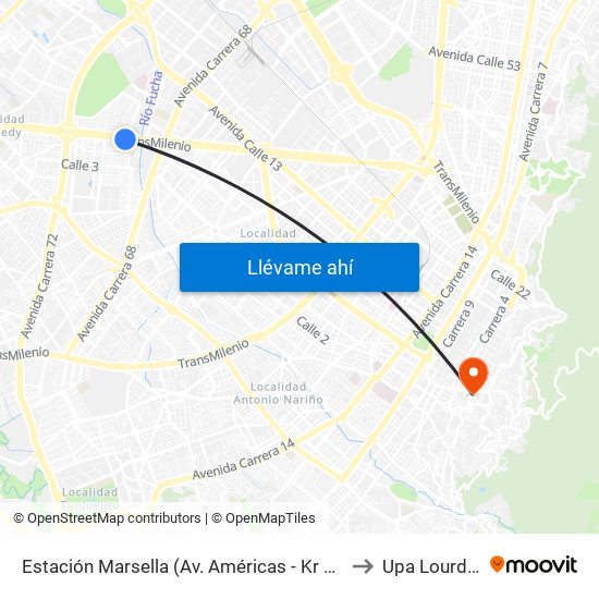 Estación Marsella (Av. Américas - Kr 69b) to Upa Lourdes map