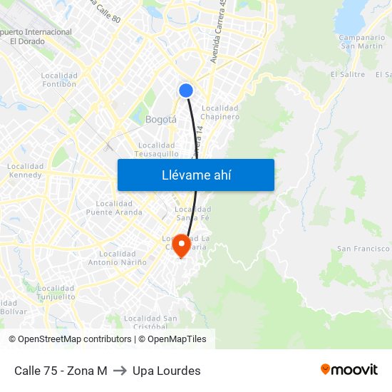 Calle 75 - Zona M to Upa Lourdes map