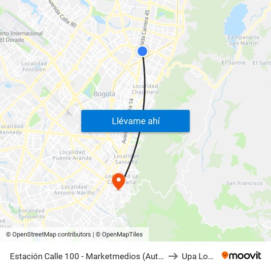 Estación Calle 100 - Marketmedios (Auto Norte - Cl 98) to Upa Lourdes map