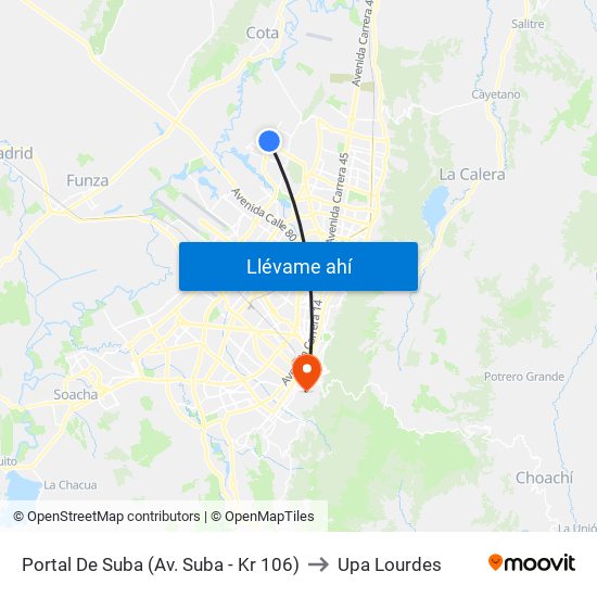 Portal De Suba (Av. Suba - Kr 106) to Upa Lourdes map