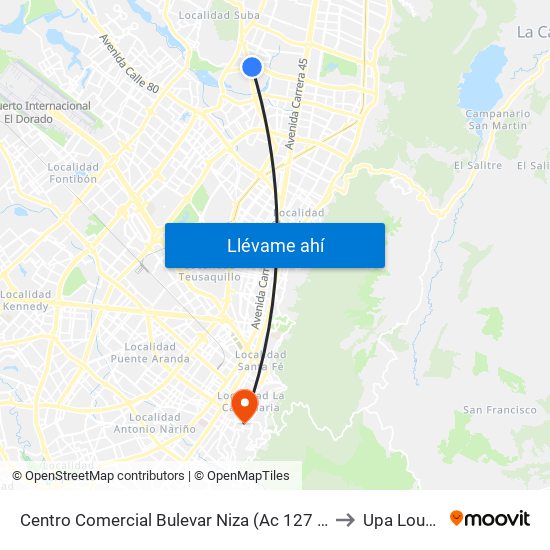 Centro Comercial Bulevar Niza (Ac 127 - Av. Suba) to Upa Lourdes map