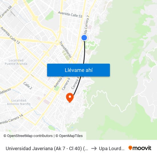 Universidad Javeriana (Ak 7 - Cl 40) (B) to Upa Lourdes map