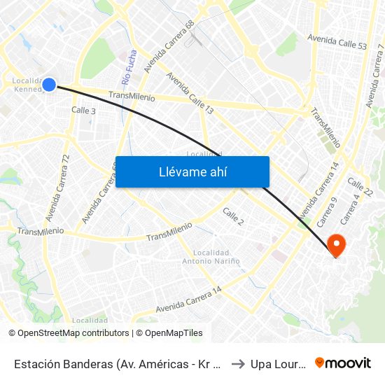 Estación Banderas (Av. Américas - Kr 78a) (A) to Upa Lourdes map