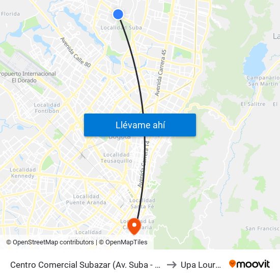 Centro Comercial Subazar (Av. Suba - Kr 91) to Upa Lourdes map