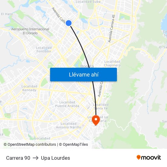 Carrera 90 to Upa Lourdes map