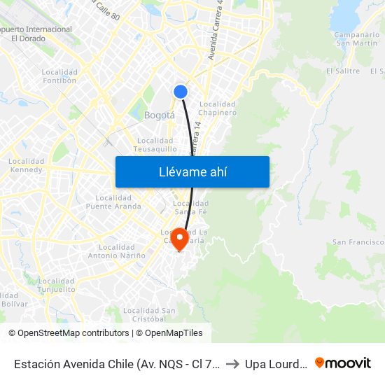 Estación Avenida Chile (Av. NQS - Cl 71c) to Upa Lourdes map