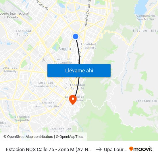 Estación NQS Calle 75 - Zona M (Av. NQS - Cl 75) to Upa Lourdes map