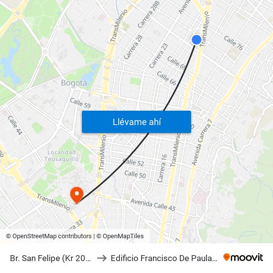 Br. San Felipe (Kr 20a - Cl 74) to Edificio Francisco De Paula Santander map