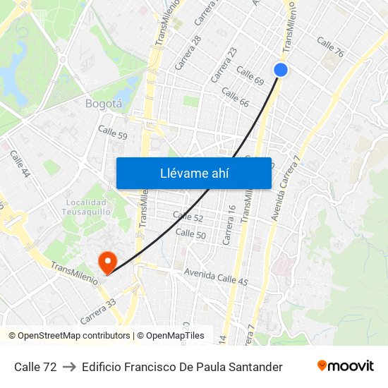 Calle 72 to Edificio Francisco De Paula Santander map