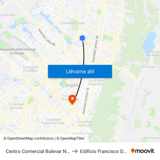 Centro Comercial Bulevar Niza (Ac 127 - Av. Suba) to Edificio Francisco De Paula Santander map