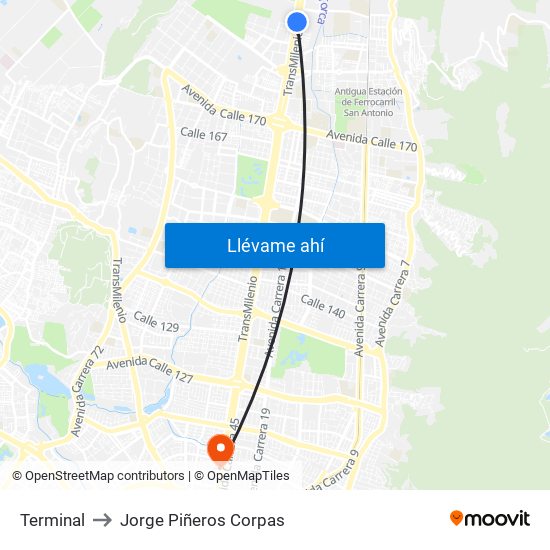Terminal to Jorge Piñeros Corpas map