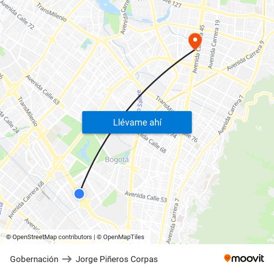Gobernación to Jorge Piñeros Corpas map