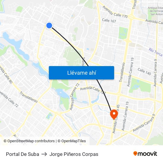 Portal De Suba to Jorge Piñeros Corpas map