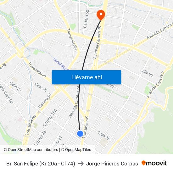 Br. San Felipe (Kr 20a - Cl 74) to Jorge Piñeros Corpas map