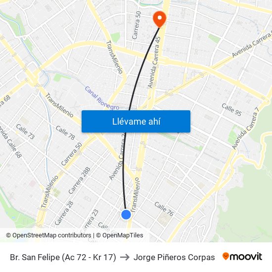 Br. San Felipe (Ac 72 - Kr 17) to Jorge Piñeros Corpas map