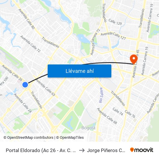 Portal Eldorado (Ac 26 - Av. C. De Cali) to Jorge Piñeros Corpas map