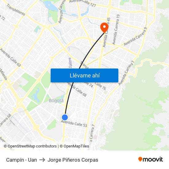Campín - Uan to Jorge Piñeros Corpas map