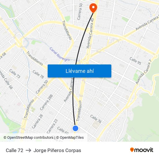 Calle 72 to Jorge Piñeros Corpas map