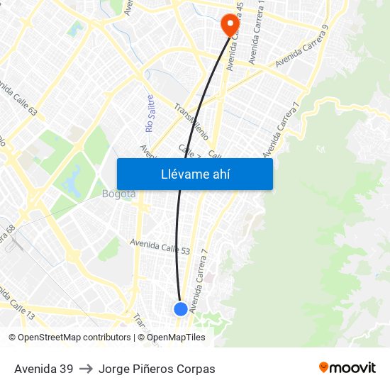 Avenida 39 to Jorge Piñeros Corpas map