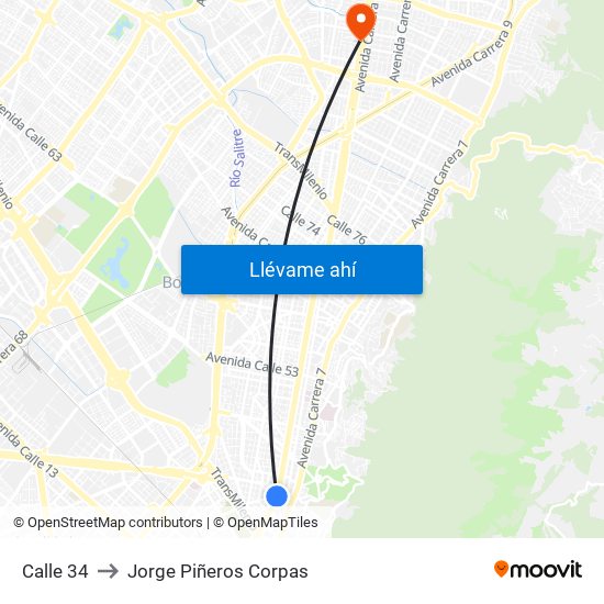 Calle 34 to Jorge Piñeros Corpas map