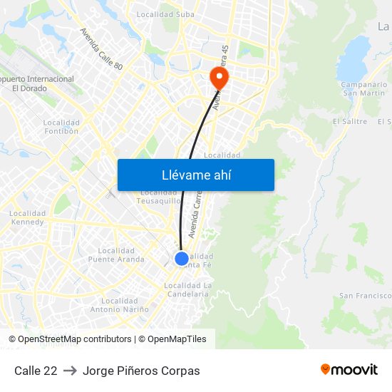 Calle 22 to Jorge Piñeros Corpas map