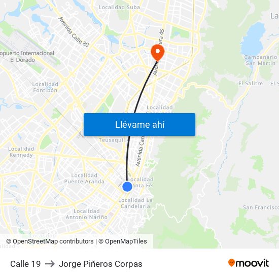 Calle 19 to Jorge Piñeros Corpas map