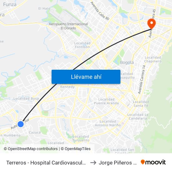 Terreros - Hospital Cardiovascular (Lado Sur) to Jorge Piñeros Corpas map