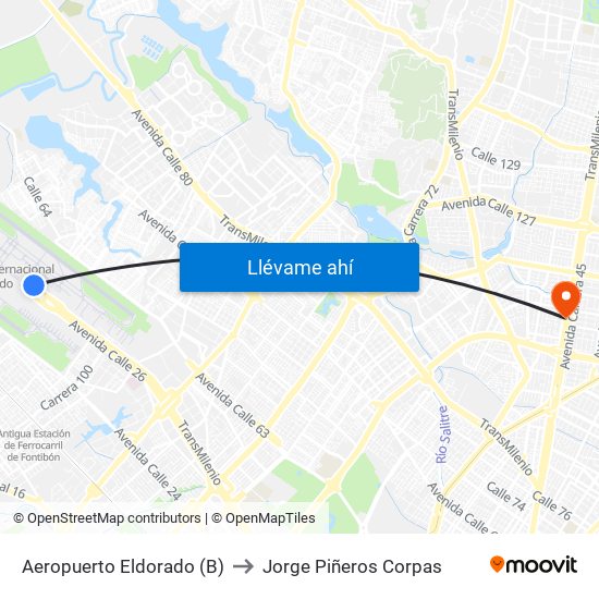Aeropuerto Eldorado (B) to Jorge Piñeros Corpas map