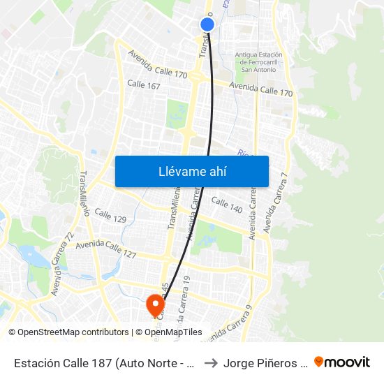 Estación Calle 187 (Auto Norte - Cl 187 Bis) (A) to Jorge Piñeros Corpas map
