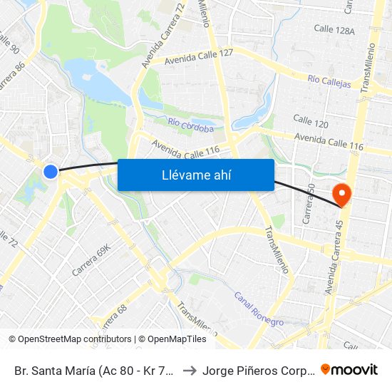 Br. Santa María (Ac 80 - Kr 73b) to Jorge Piñeros Corpas map