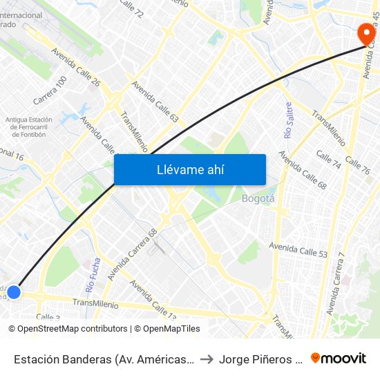 Estación Banderas (Av. Américas - Kr 78a) (A) to Jorge Piñeros Corpas map